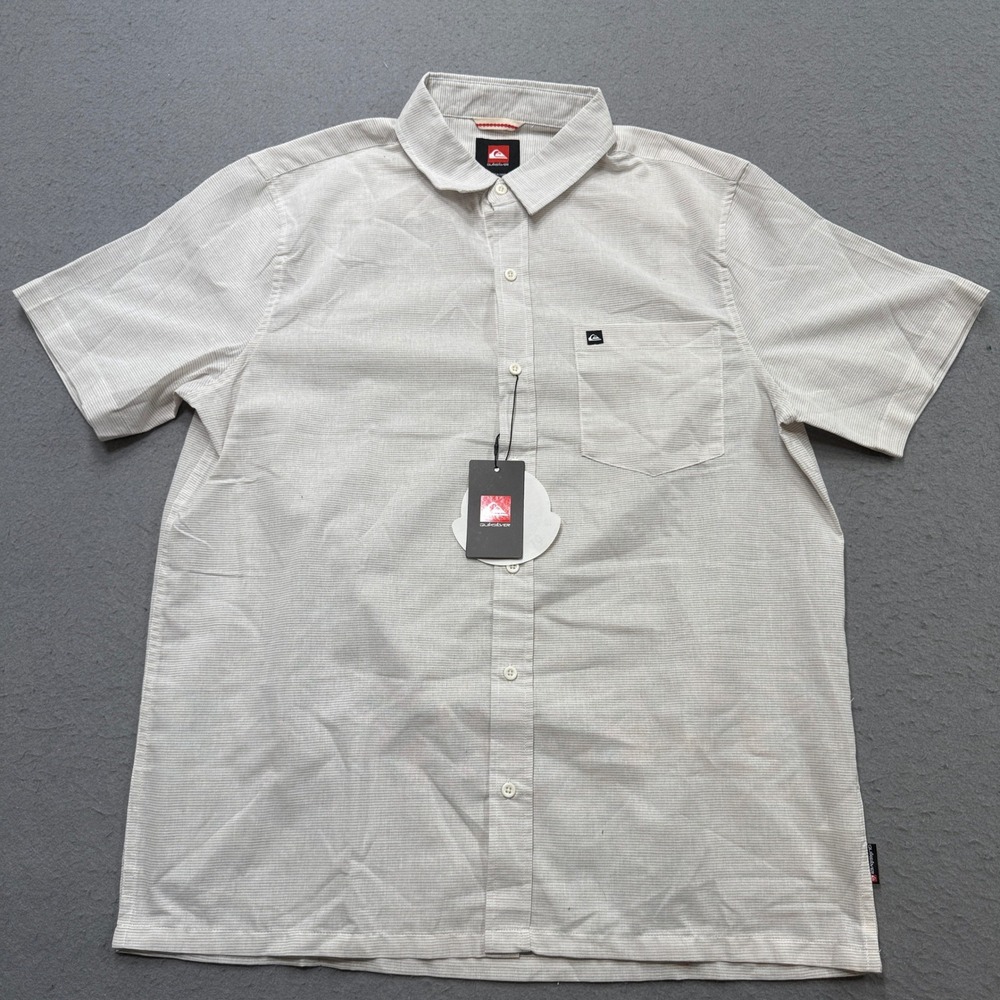 NEW Quiksilver Shirt Men's Large White Striped Short Sleeve Button Down Summer